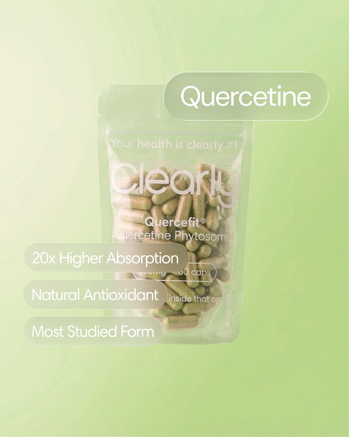 Clearly Quercetine capsules in a bottle, showing the front label and capsules inside, for immune support and antioxidant benefits.